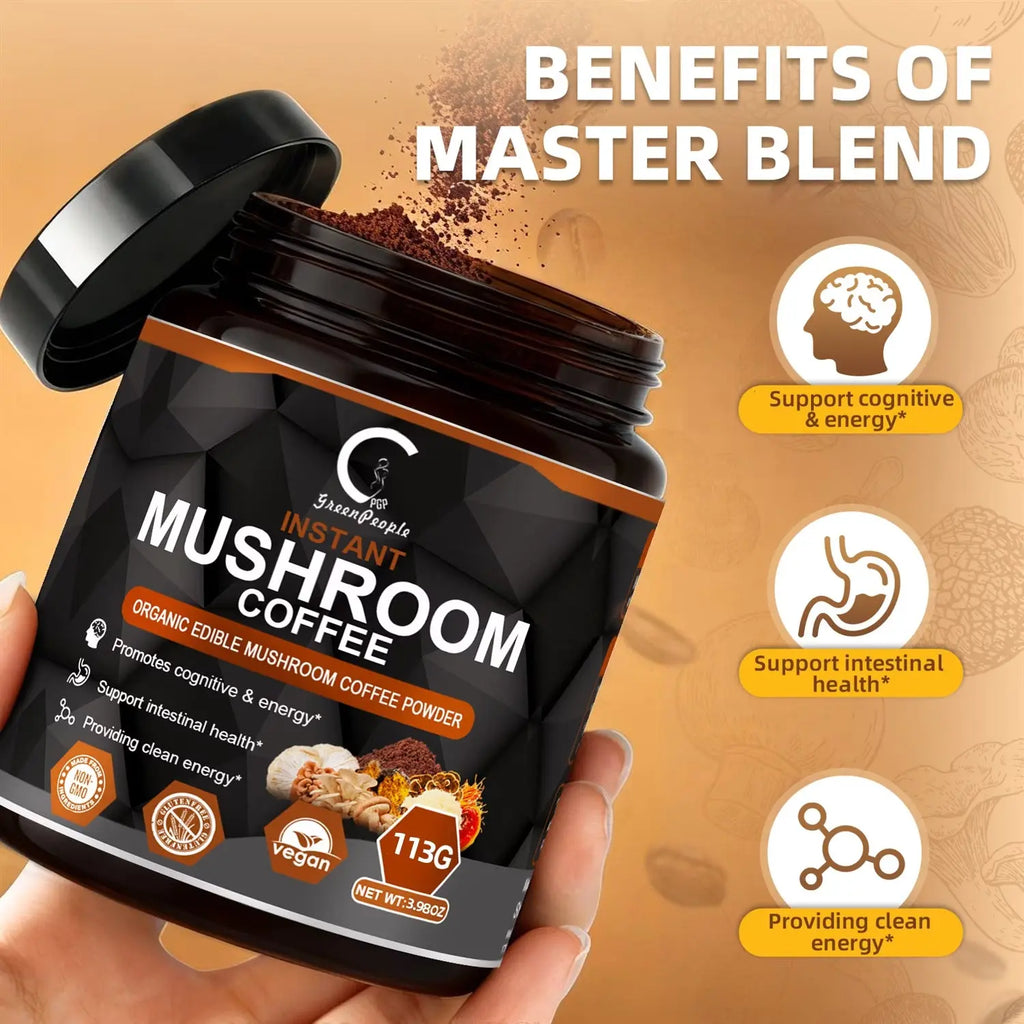 Premium Mushroom Coffee with 7 Superfood Mushrooms - Water Processed Instant Mushroom Coffee - Supports Focus, Energy & Immune Health, Vegan Coffee Instant - 3.98Oz