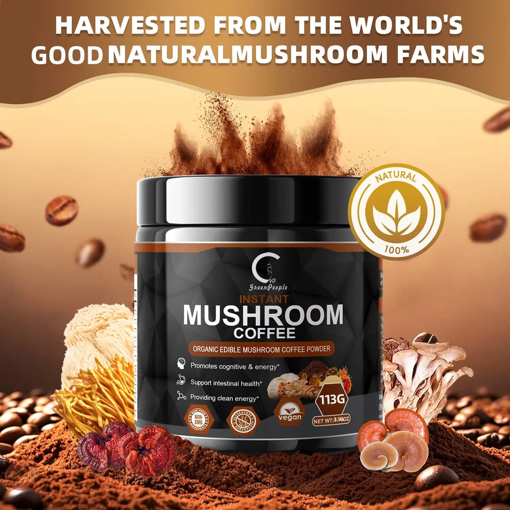 Premium Mushroom Coffee with 7 Superfood Mushrooms - Water Processed Instant Mushroom Coffee - Supports Focus, Energy & Immune Health, Vegan Coffee Instant - 3.98Oz