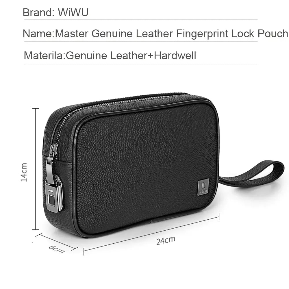 Genuine Leather Fingerprint Lock Pouch Fashion Storage Bag for Iphone Cable Waterproof Organize Bag for Power Bank Gadgets