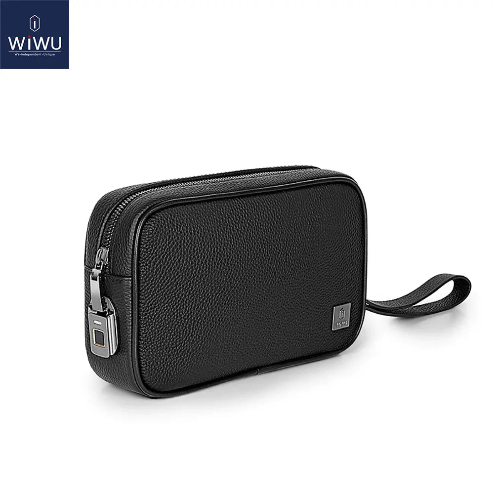 Genuine Leather Fingerprint Lock Pouch Fashion Storage Bag for Iphone Cable Waterproof Organize Bag for Power Bank Gadgets