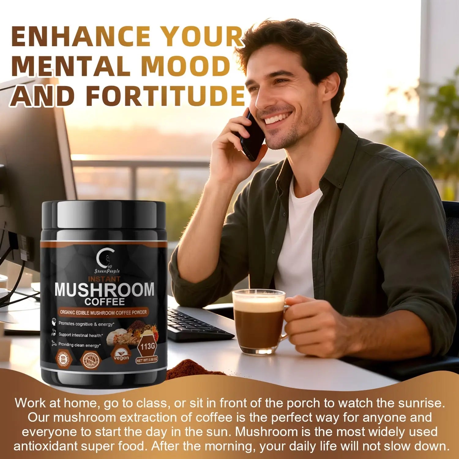 Premium Mushroom Coffee with 7 Superfood Mushrooms - Water Processed Instant Mushroom Coffee - Supports Focus, Energy & Immune Health, Vegan Coffee Instant - 3.98Oz
