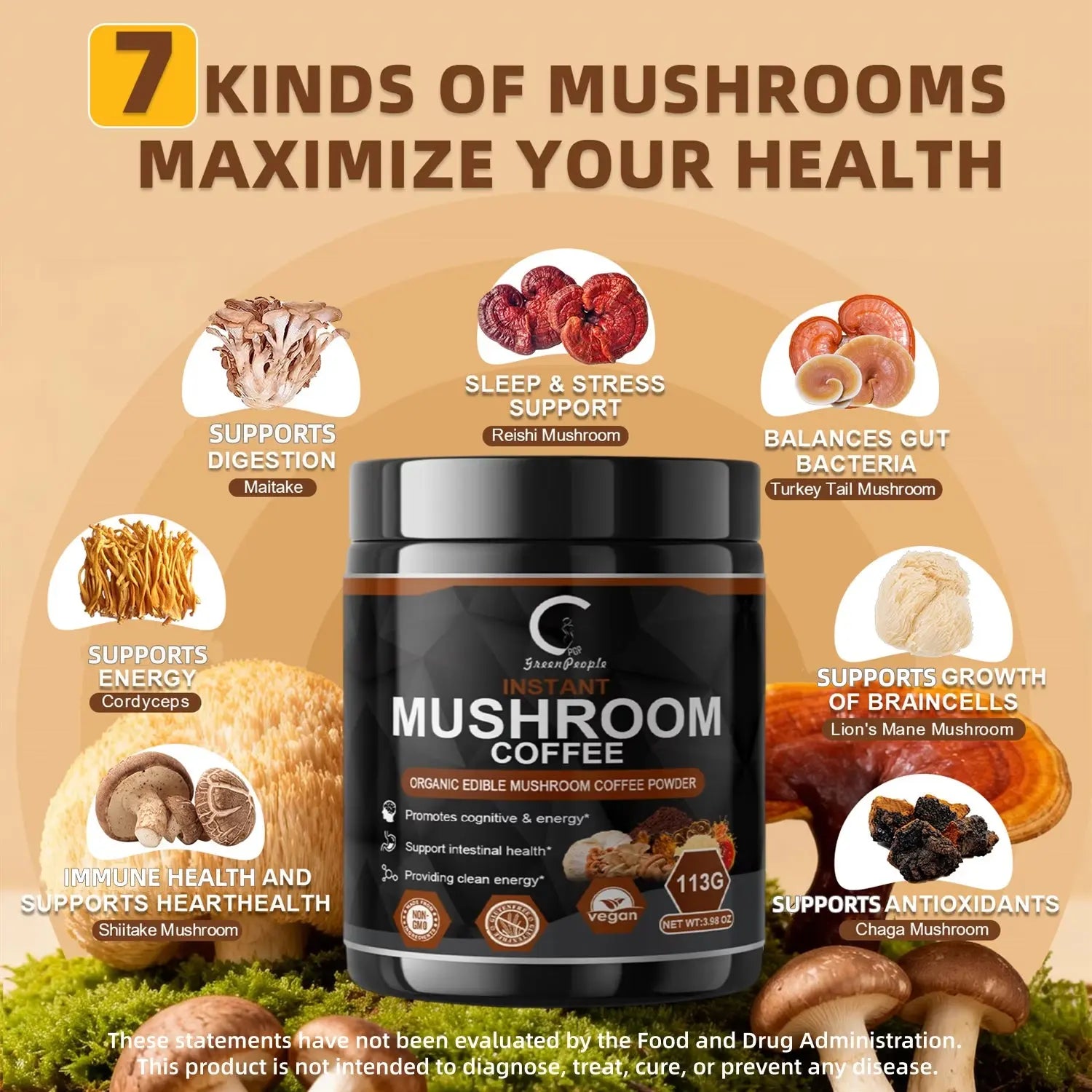 Premium Mushroom Coffee with 7 Superfood Mushrooms - Water Processed Instant Mushroom Coffee - Supports Focus, Energy & Immune Health, Vegan Coffee Instant - 3.98Oz